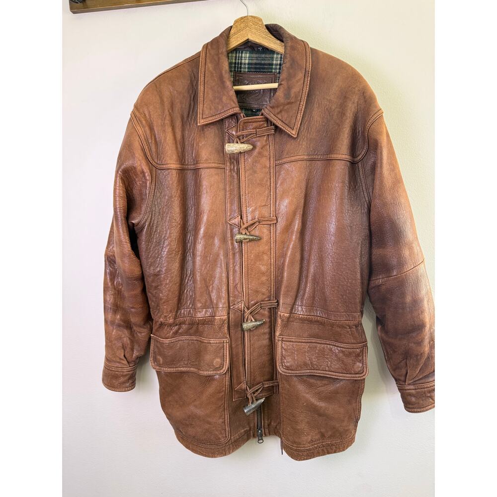 Vintage 90s Brown Leather Toggle Coat Plaid Lined Jacket Genuine Leather Size M